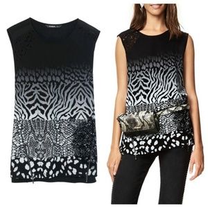 Desigual Animal Print Sleeveless Blouse with Lace